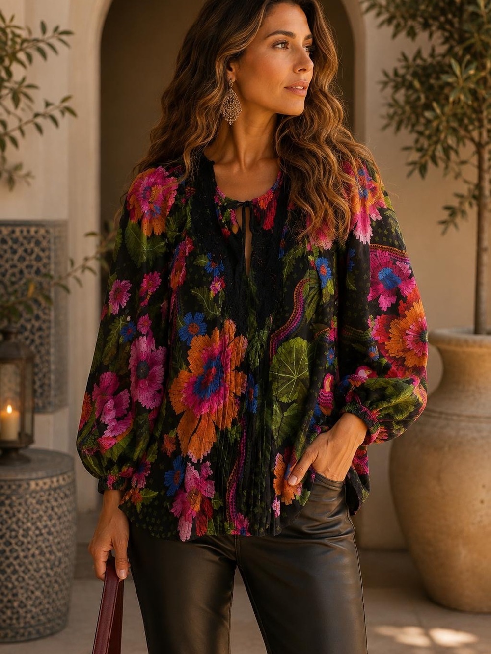 FARM Rio Black Floral Tie-Neck Peasant Blouse